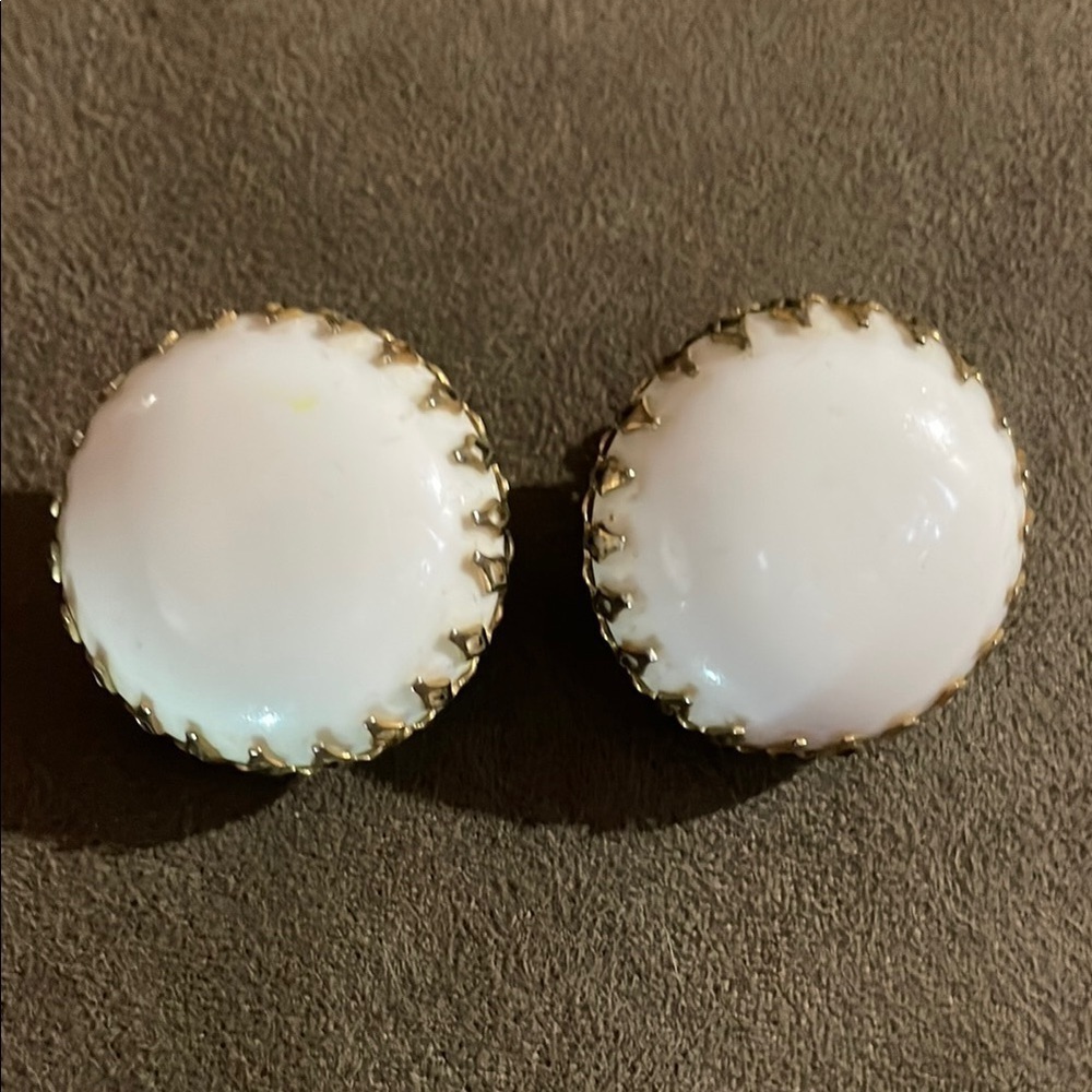 Vintage Pat Pend C. Gold tone and White Clip-On Earrings